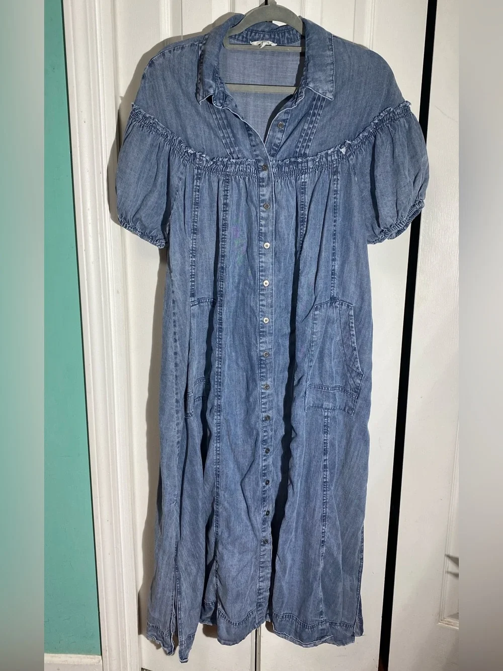 Easel Blue Denim Summer Boho Midi Dress Button M Puff Sleeve AA20 - Picture 1 of 10